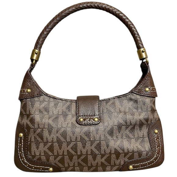 Michael Kors Studded Brown Signature Baguette Shoulder Bag with Woven Handles - Picture 9 of 15